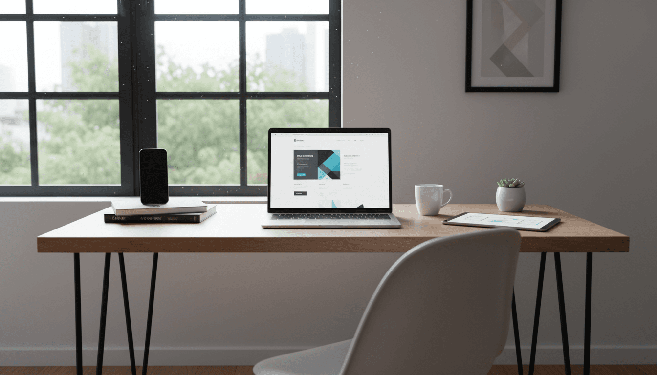 Laptop with professional website design in a modern small business workspace