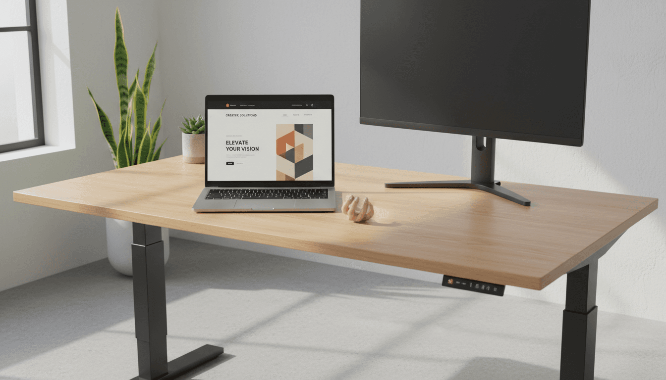 Professional website displayed on laptop screen in bright modern workspace
